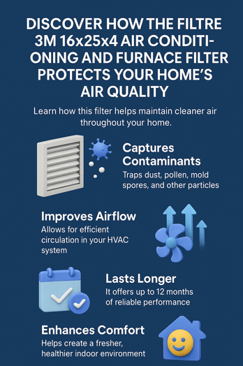 Discover How the Filtrete 3M 16x25x4 Air Conditioning and Furnace Filter Protects Your Home’s Air Quality 2 Vertical infographic with blue background showing how the Filtrete 3M 16x25x4 air filter improves home air quality. Features 3D icons and text highlighting four benefits: captures contaminants, improves airflow, lasts up to 12 months, and enhances comfort.