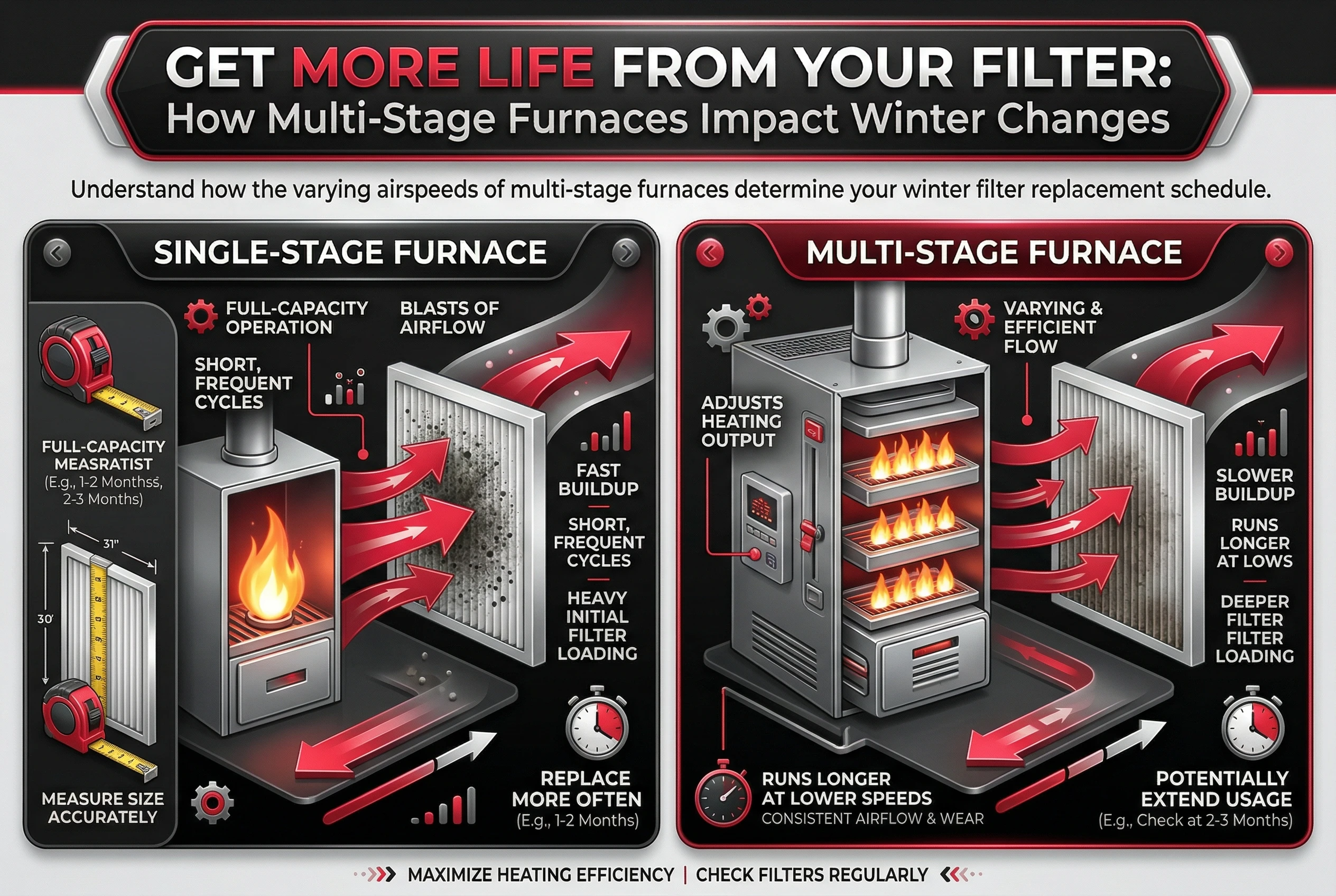 An infographic comparing how single-stage versus multi-stage furnaces impact winter filter replacement frequency.